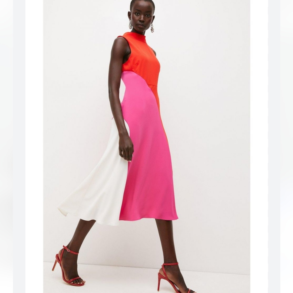 Soft Tailored Colour Block High Low Hem Midi Dress